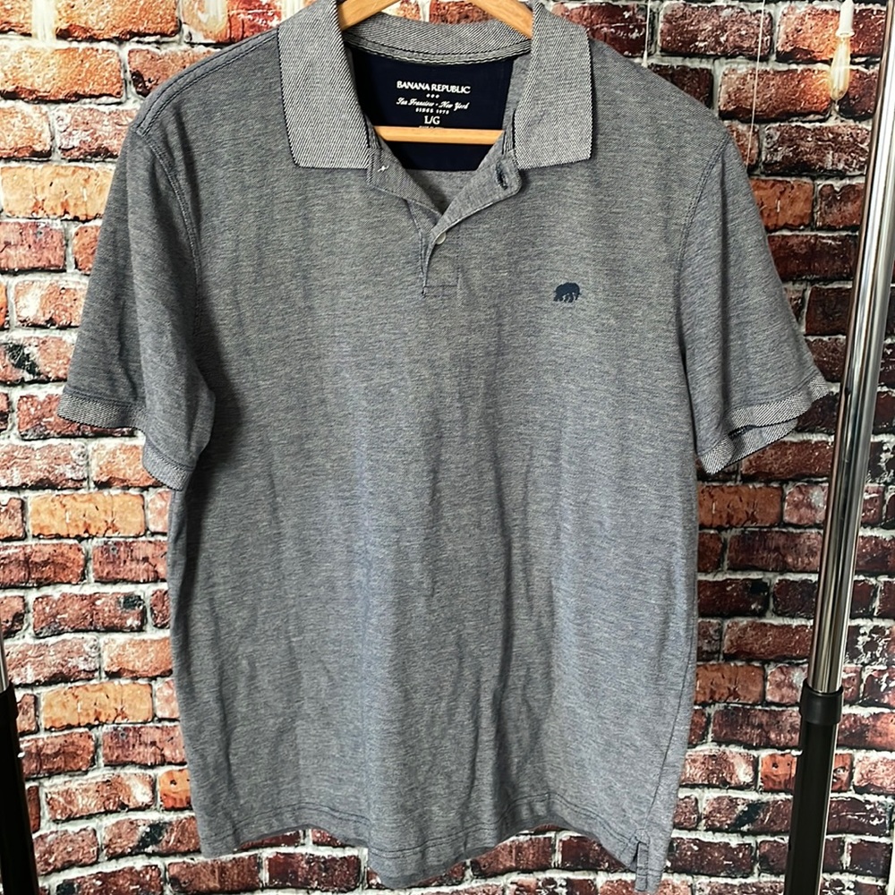 Banana Republic men large short sleeve polo shirt grey blue embroidered